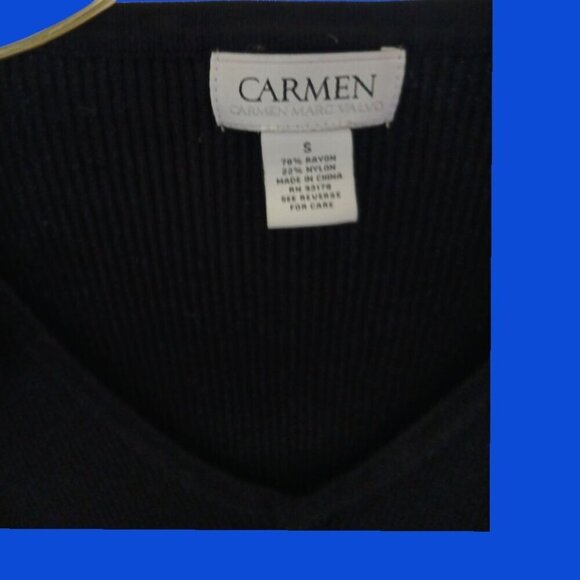 Carmen Marc Valvo Black Sleeveless Ribbed Knit Top W/ Bow Shoulders Size Small - Picture 2 of 5